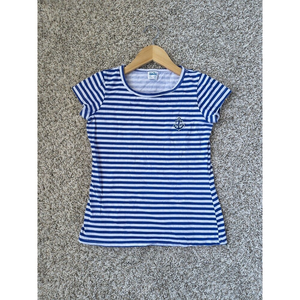 Printex Women's Petite Small Blue White Striped Anchor Graphic Cotton Tee
